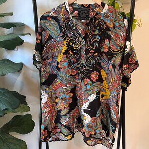 Johnny Was Jade 100% Silk Boho Top Black Multicolor Floral Embroidery Sz Small